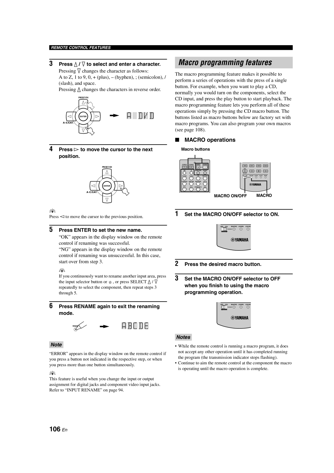 Yamaha HTR-6090 owner manual Macro programming features, 106 En, MACRO operations, Notes 