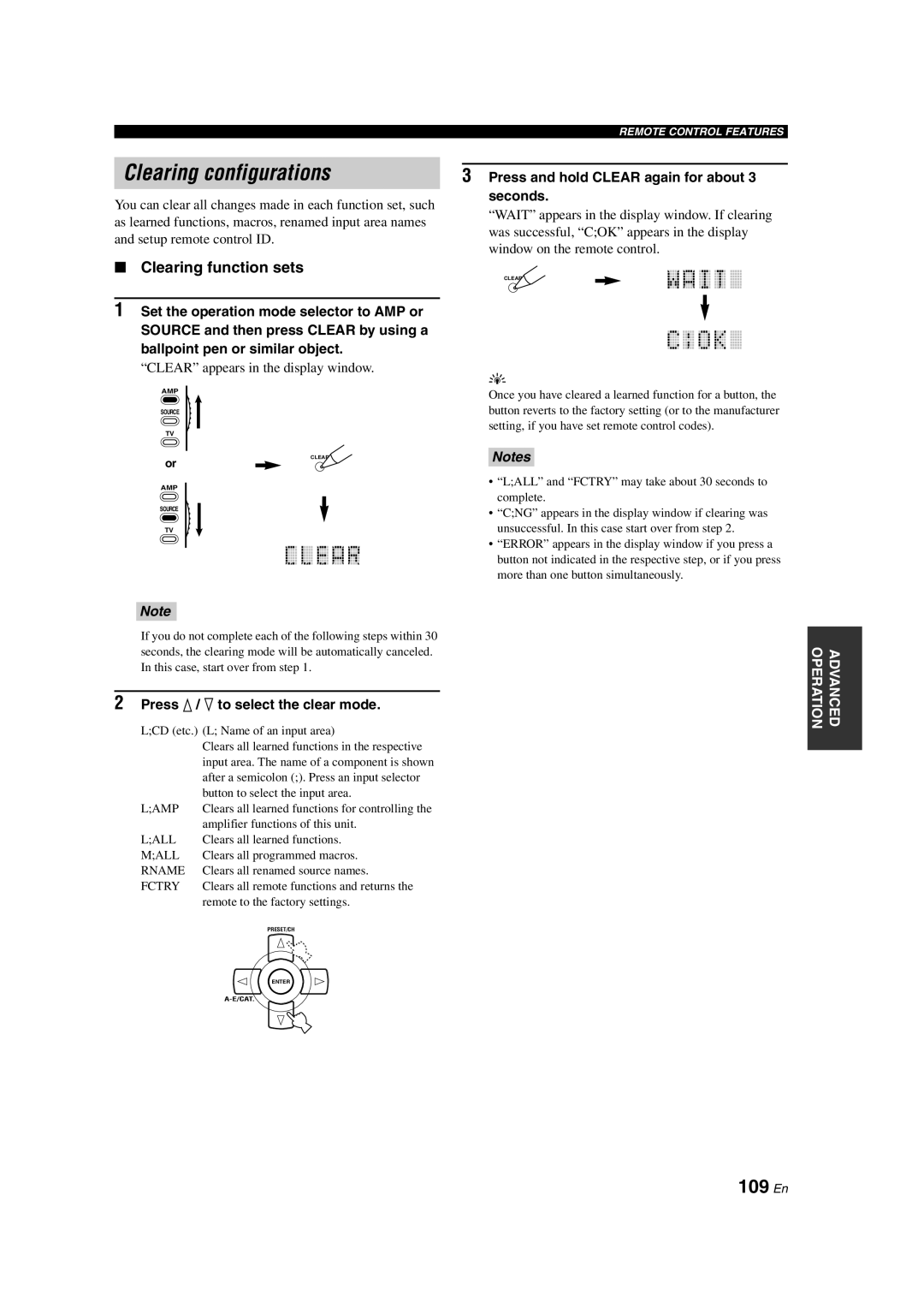 Yamaha HTR-6090 owner manual Clearing configurations, 109 En, Clearing function sets, Notes 