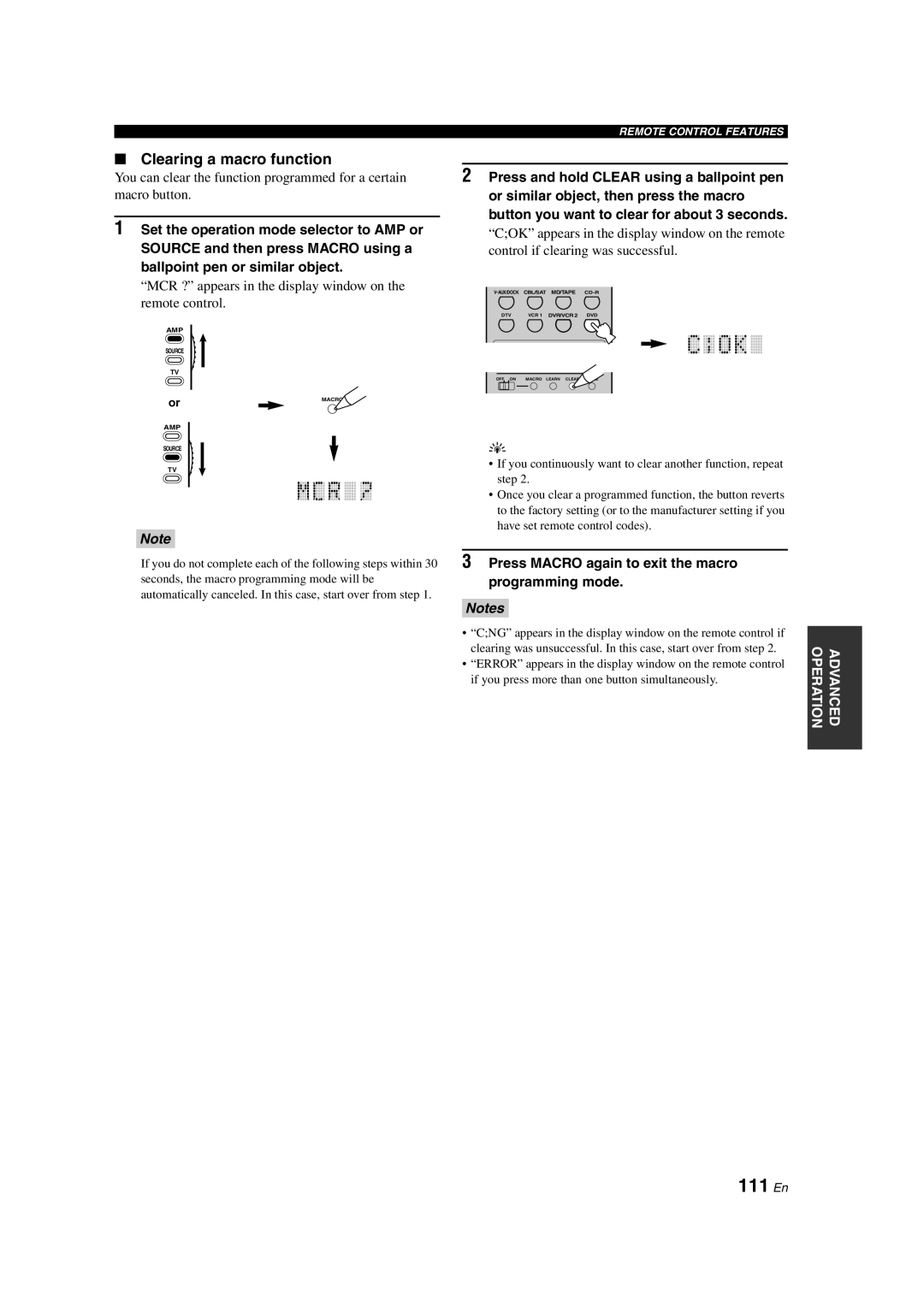 Yamaha HTR-6090 owner manual 111 En, Clearing a macro function, Notes 