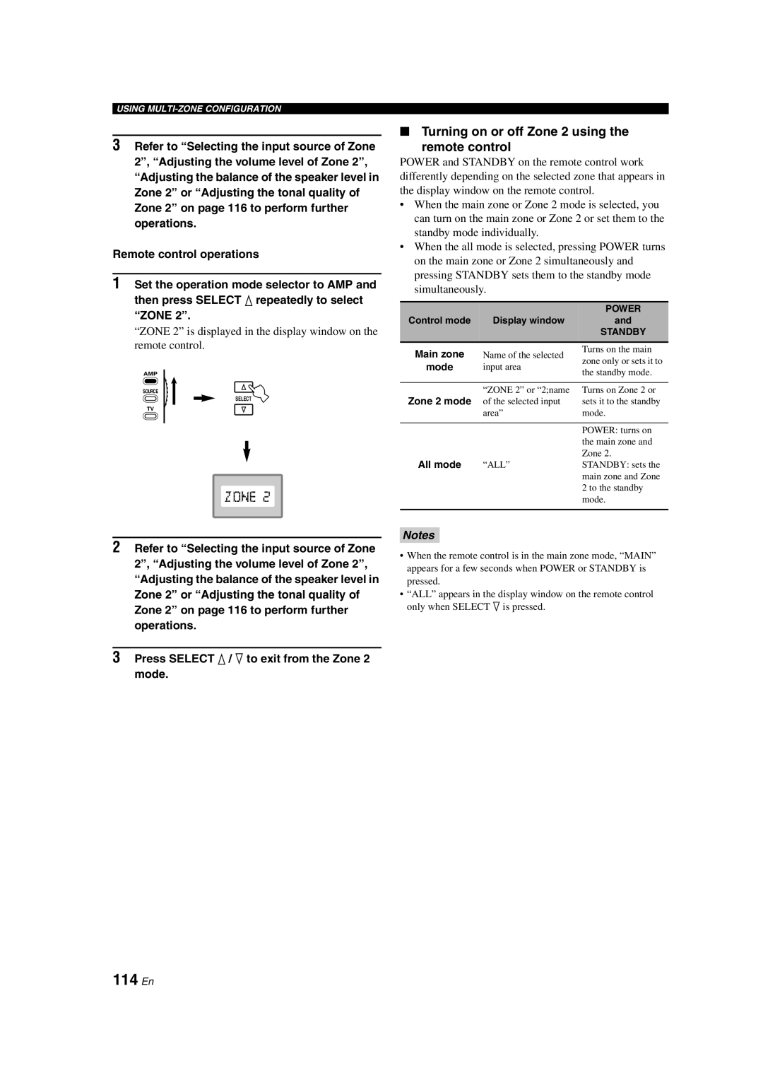 Yamaha HTR-6090 owner manual 114 En, Turning on or off Zone 2 using the remote control, Notes 
