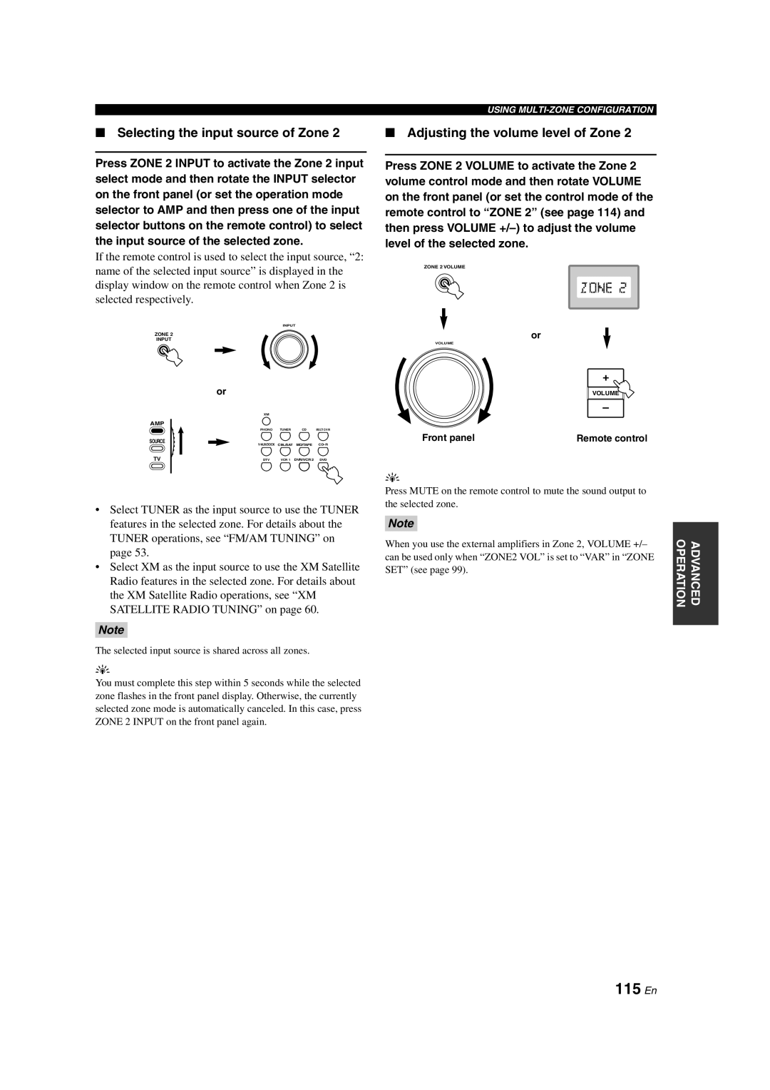 Yamaha HTR-6090 owner manual 115 En, Selecting the input source of Zone, Adjusting the volume level of Zone 