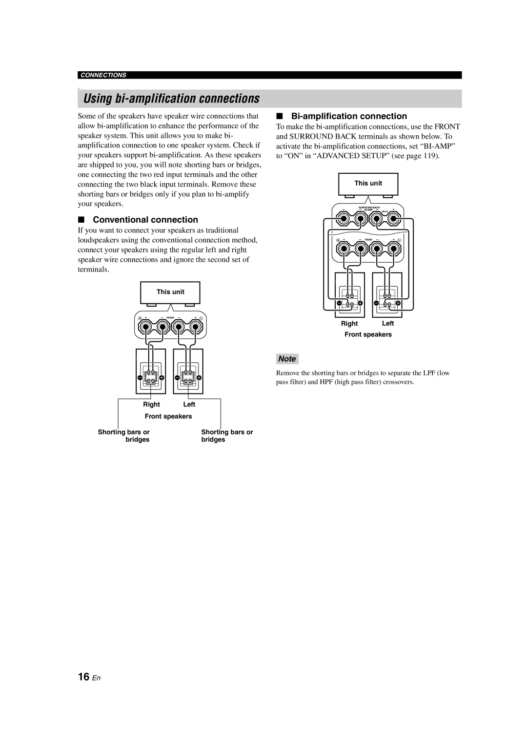 Yamaha HTR-6090 owner manual Using bi-amplificationconnections, 16 En, Conventional connection, Bi-amplificationconnection 