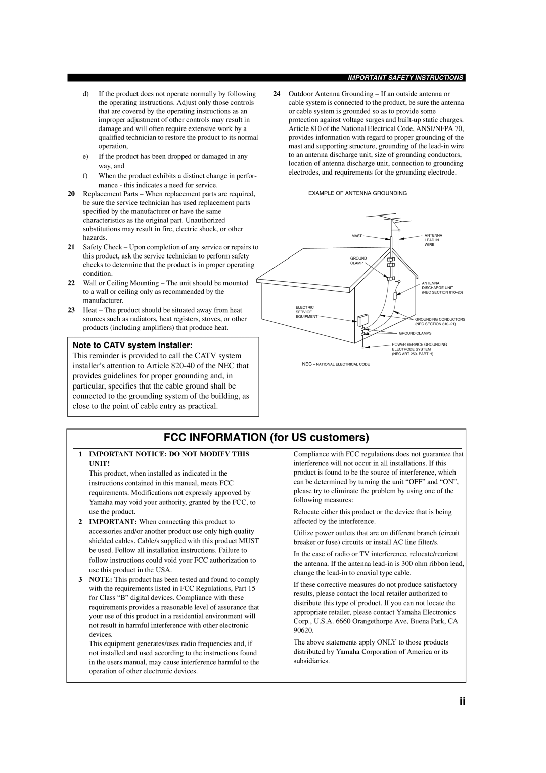 Yamaha HTR-6090 owner manual FCC INFORMATION for US customers, Note to CATV system installer 