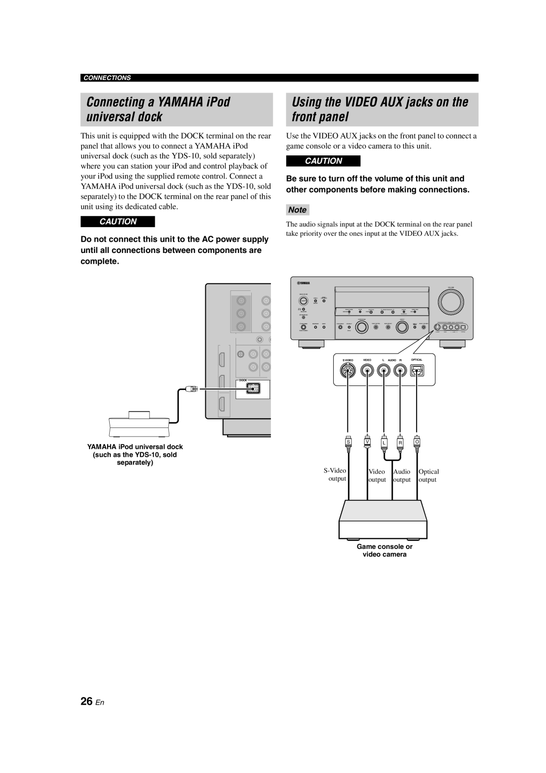 Yamaha HTR-6090 owner manual Using the VIDEO AUX jacks on the front panel, Connecting a YAMAHA iPod universal dock, 26 En 