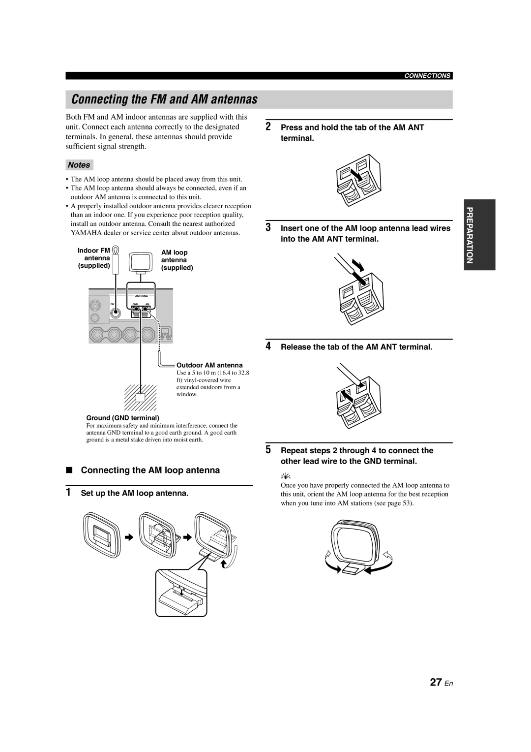 Yamaha HTR-6090 owner manual Connecting the FM and AM antennas, 27 En, Connecting the AM loop antenna 