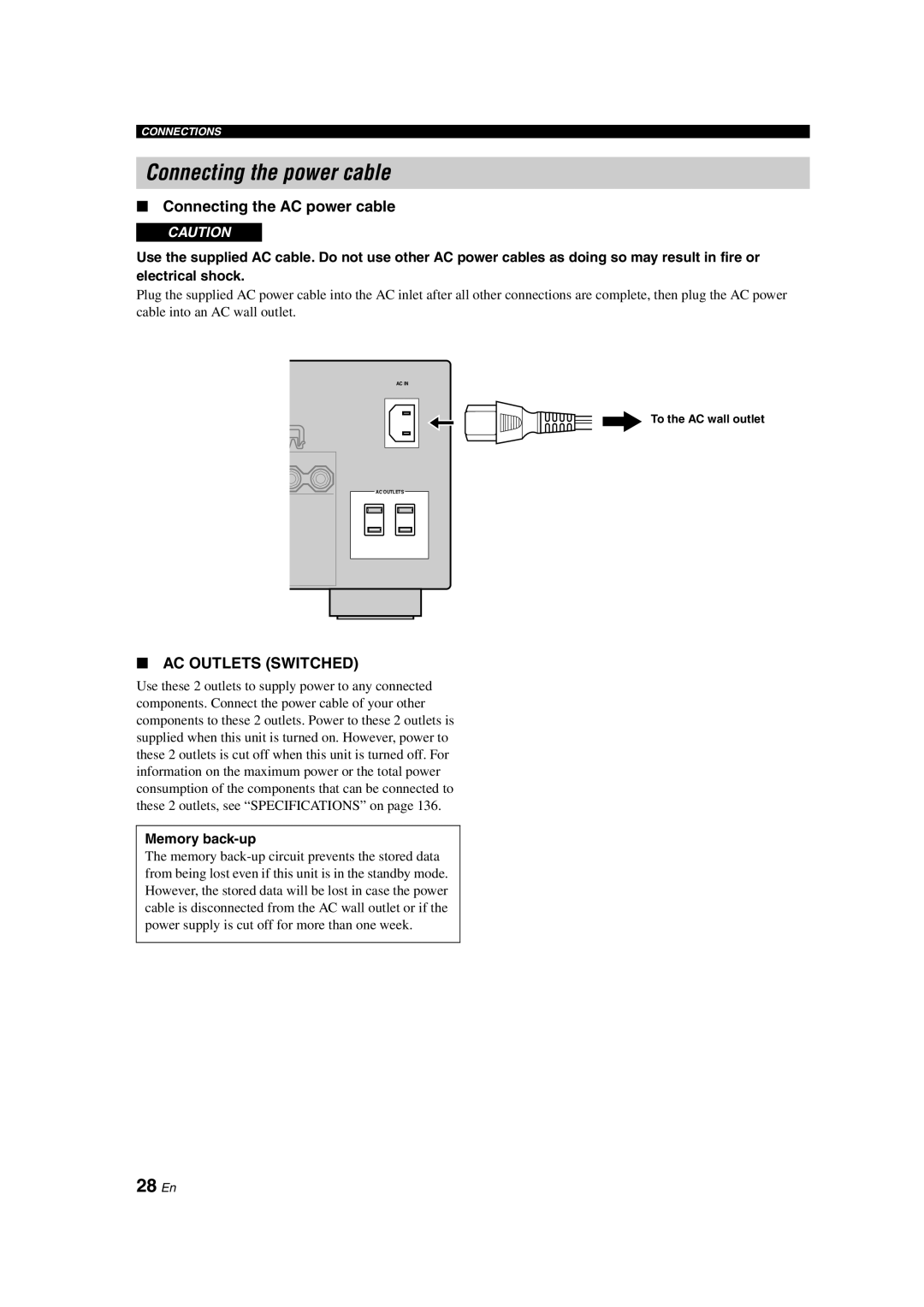 Yamaha HTR-6090 owner manual Connecting the power cable, 28 En, Connecting the AC power cable, Ac Outlets Switched 