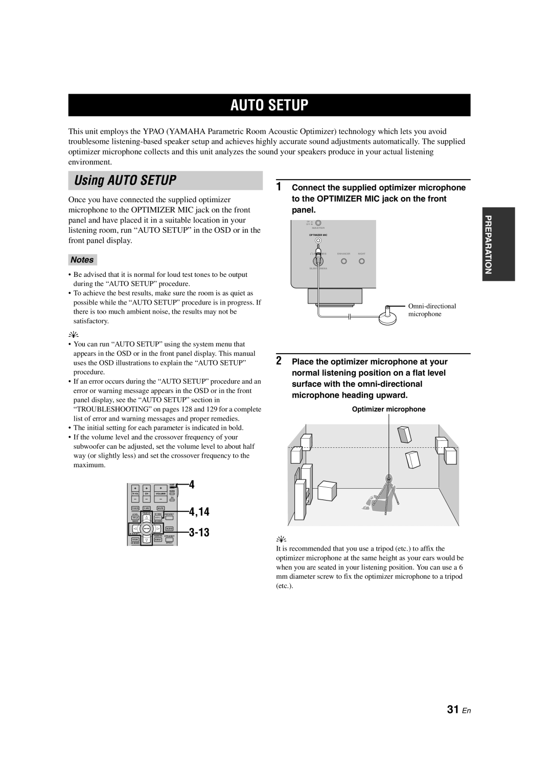 Yamaha HTR-6090 owner manual Auto Setup, Using AUTO SETUP, 4,14, 3-13, 31 En, Notes 