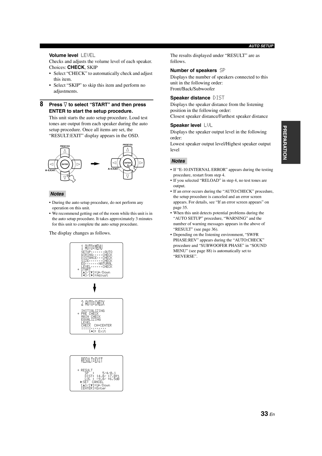 Yamaha HTR-6090 owner manual Auto:Check, Result:Exit, 33 En, Auto:Menu, Notes 
