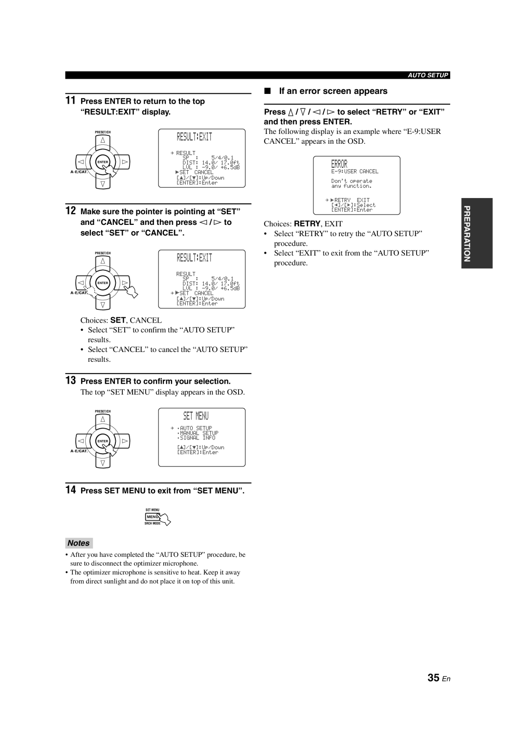 Yamaha HTR-6090 owner manual Set Menu, Error, 35 En, Result Exit, If an error screen appears, Notes 