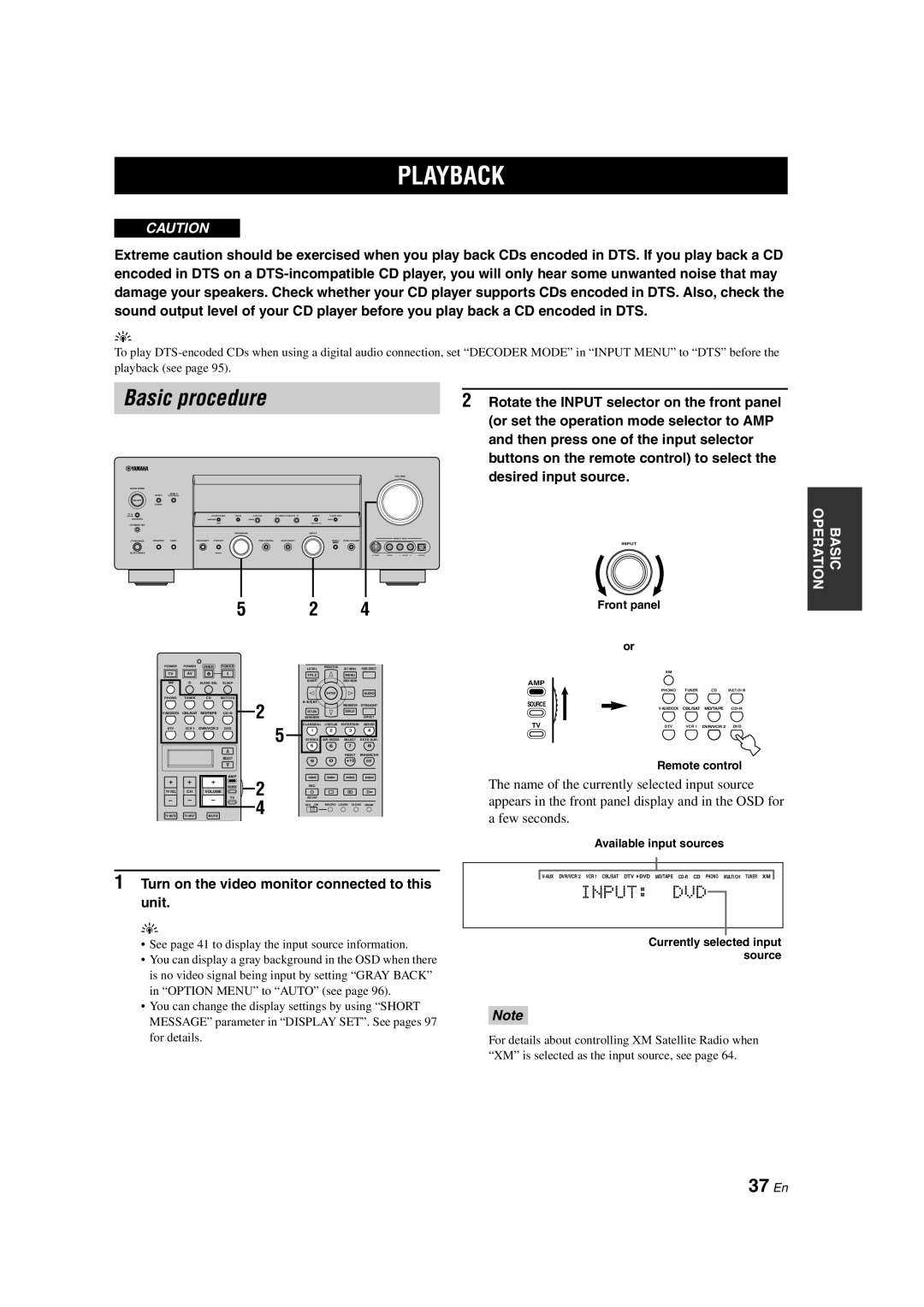 Yamaha HTR-6090 owner manual Playback, Basic procedure, 37 En, Input Dvd 