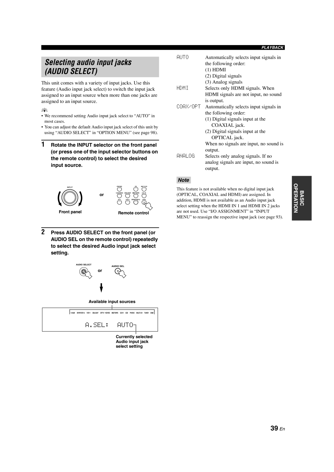 Yamaha HTR-6090 owner manual Selecting audio input jacks AUDIO SELECT, 39 En, A.Sel: Auto 