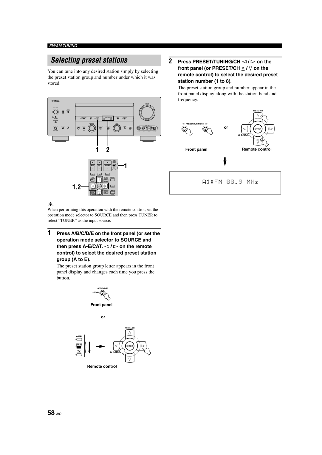 Yamaha HTR-6090 owner manual Selecting preset stations, 58 En, A1:FM 