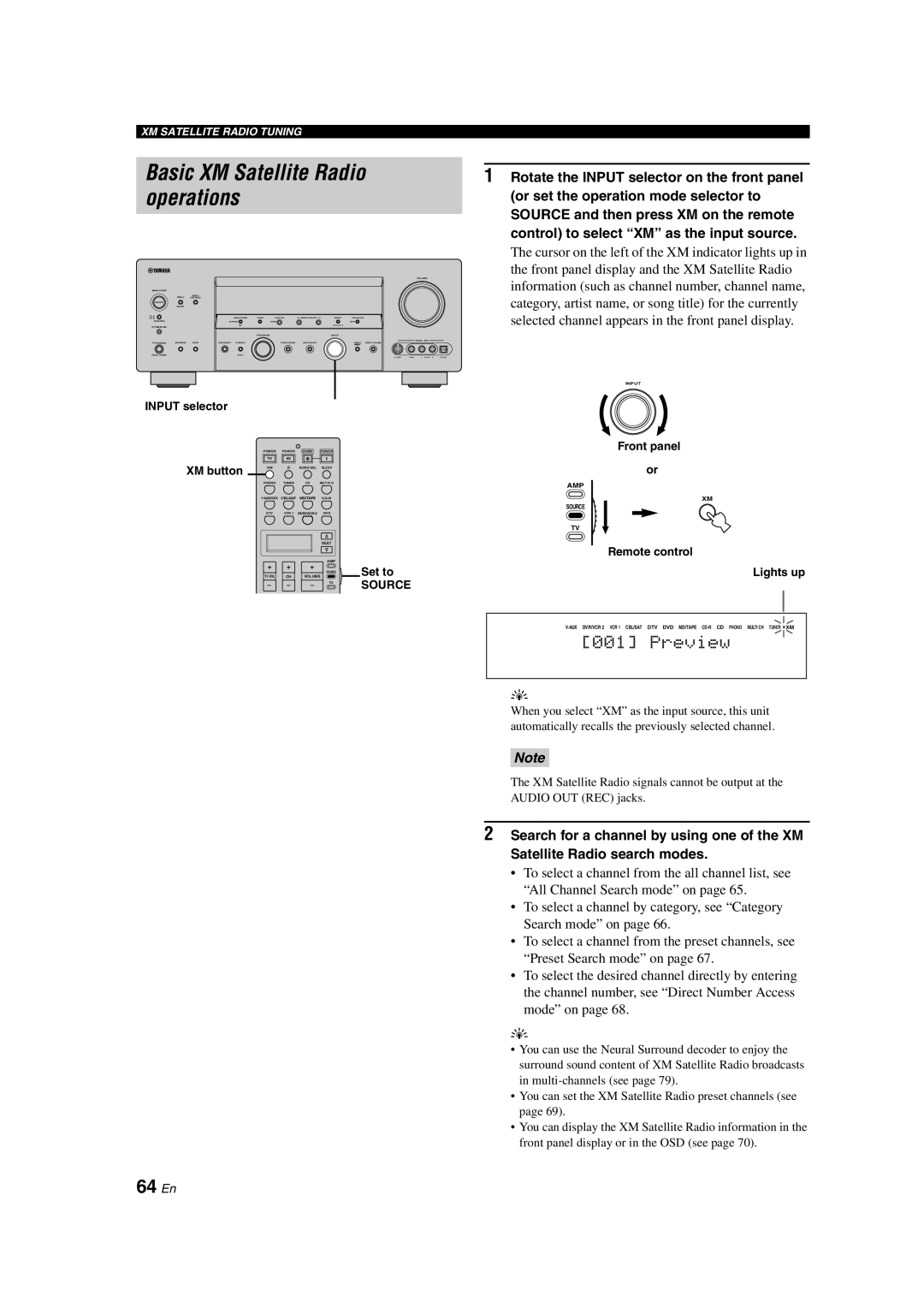 Yamaha HTR-6090 owner manual Basic XM Satellite Radio operations, 64 En, Preview 