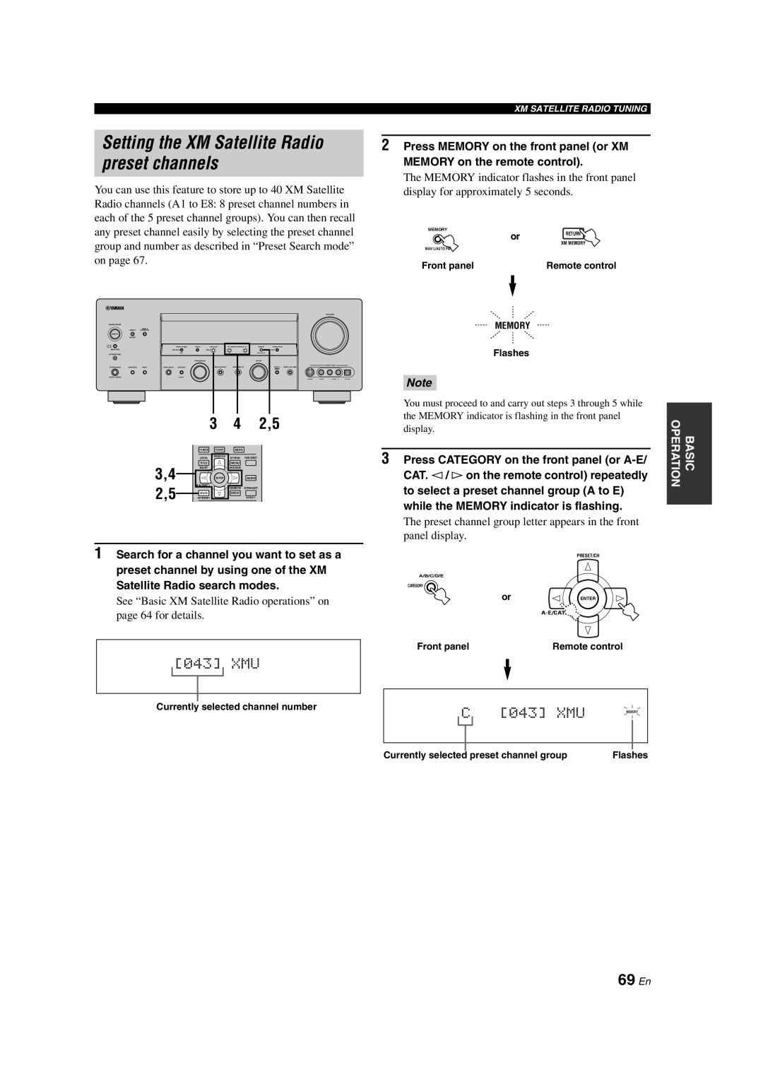Yamaha HTR-6090 owner manual Setting the XM Satellite Radio preset channels, 69 En, C 043 XMU, panel display 