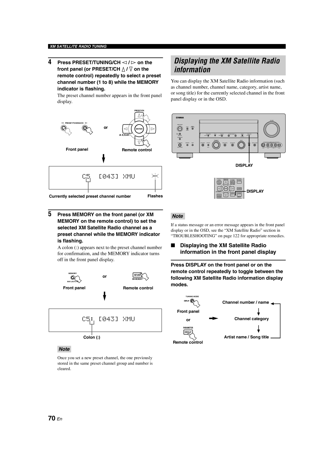 Yamaha HTR-6090 owner manual Displaying the XM Satellite Radio information, 70 En, C5 043 XMU, C5: 043 XMU 
