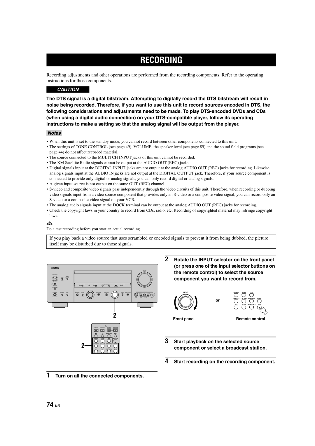 Yamaha HTR-6090 owner manual Recording, 74 En, Notes 
