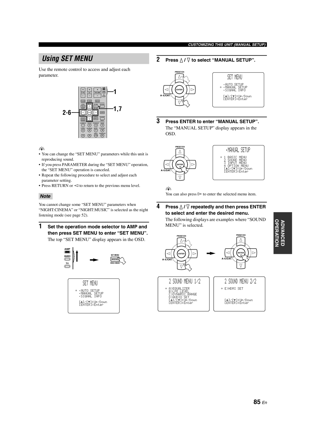 Yamaha HTR-6090 owner manual Using SET MENU, 85 En, Manual Setup, SOUND MENU 1/2, Set Menu 