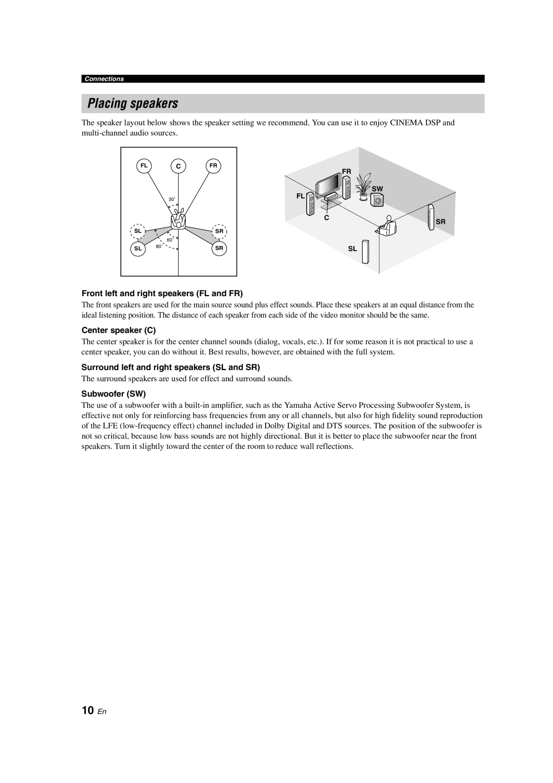 Yamaha HTR-6130 owner manual Placing speakers, 10 En 