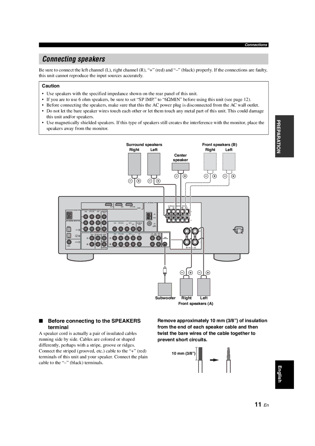 Yamaha HTR-6130 owner manual Connecting speakers, 11 En, Before connecting to the Speakers Terminal 