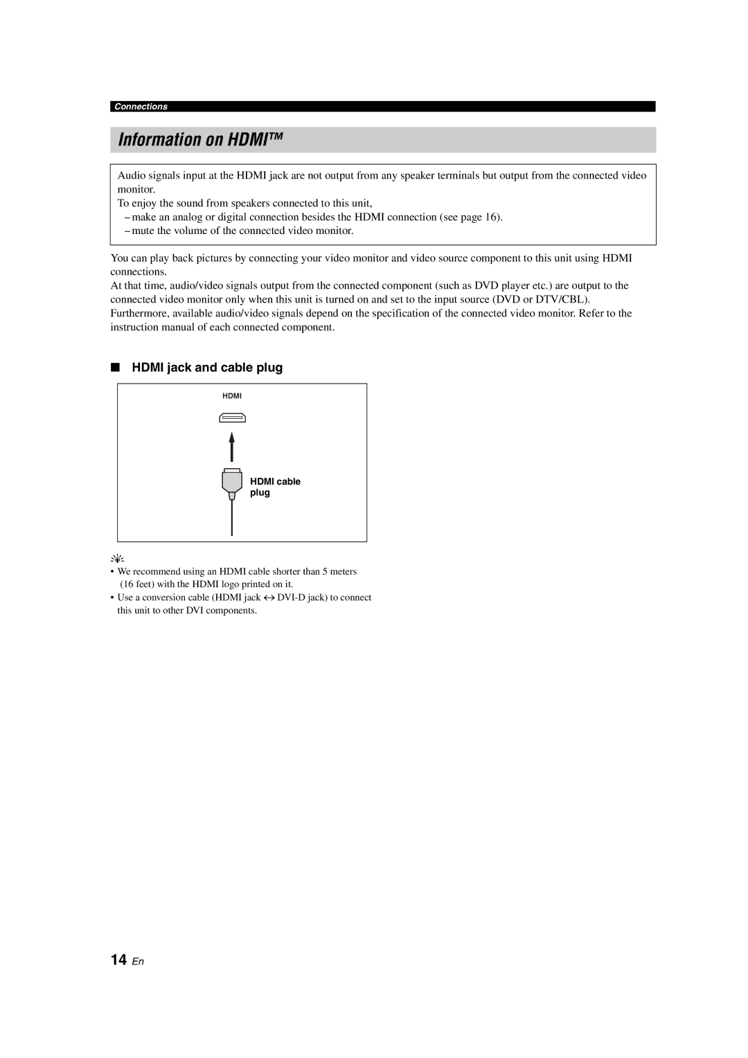 Yamaha HTR-6130 owner manual Information on Hdmi, 14 En, Hdmi jack and cable plug, Hdmi cable plug 