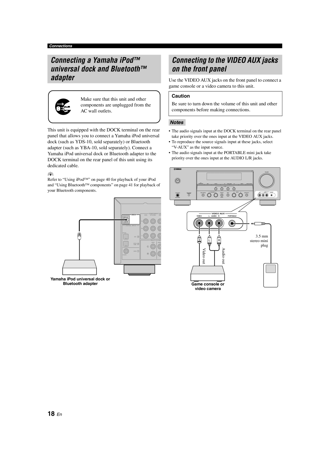 Yamaha HTR-6130 owner manual Connecting to the Video AUX jacks on the front panel, 18 En 