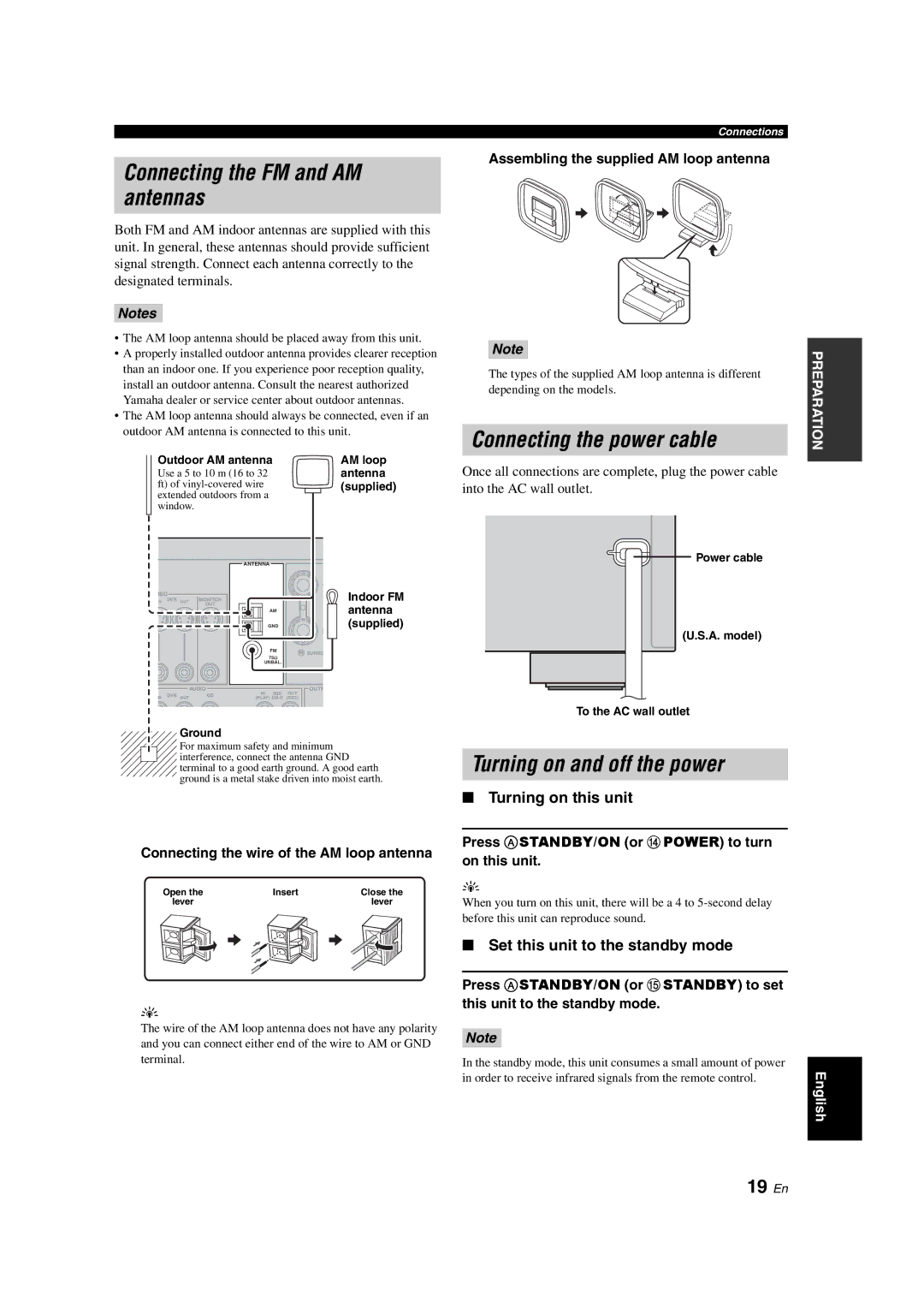 Yamaha HTR-6130 Connecting the FM and AM antennas, Connecting the power cable, Turning on and off the power, 19 En 