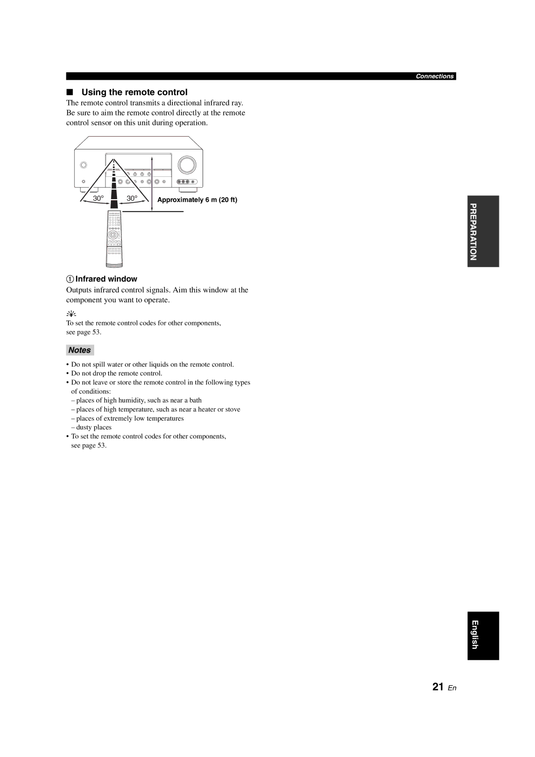 Yamaha HTR-6130 owner manual 21 En, Using the remote control, 1Infrared window, 30º 