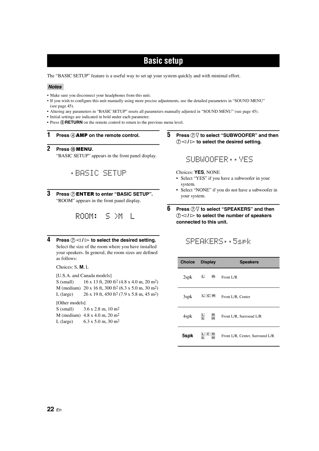 Yamaha HTR-6130 owner manual Basic setup, SPEAKERS..5spk, 22 En 