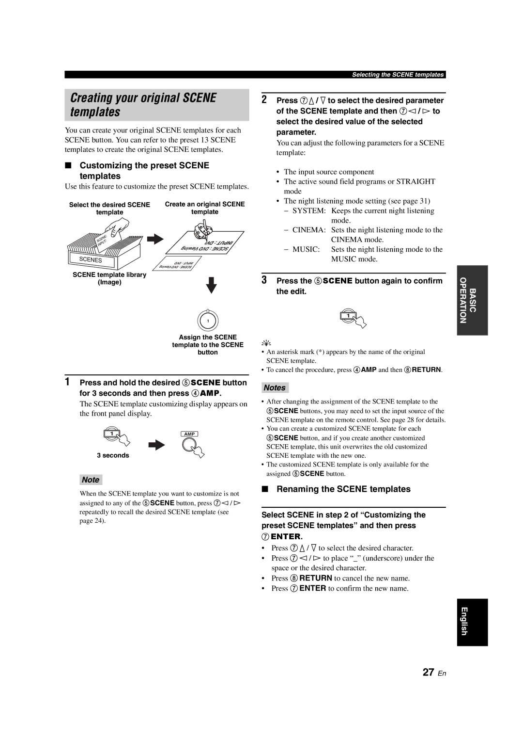 Yamaha HTR-6130 owner manual Creating your original Scene templates, 27 En, Customizing the preset Scene Templates 