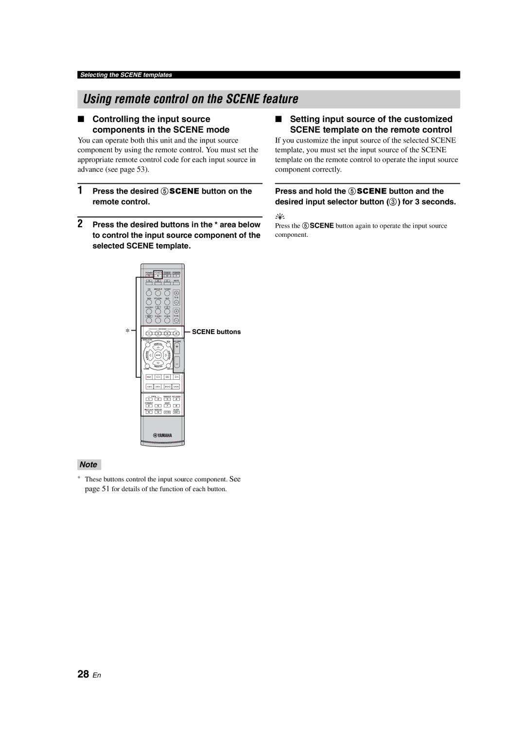 Yamaha HTR-6130 owner manual Using remote control on the Scene feature, 28 En, Scene buttons 