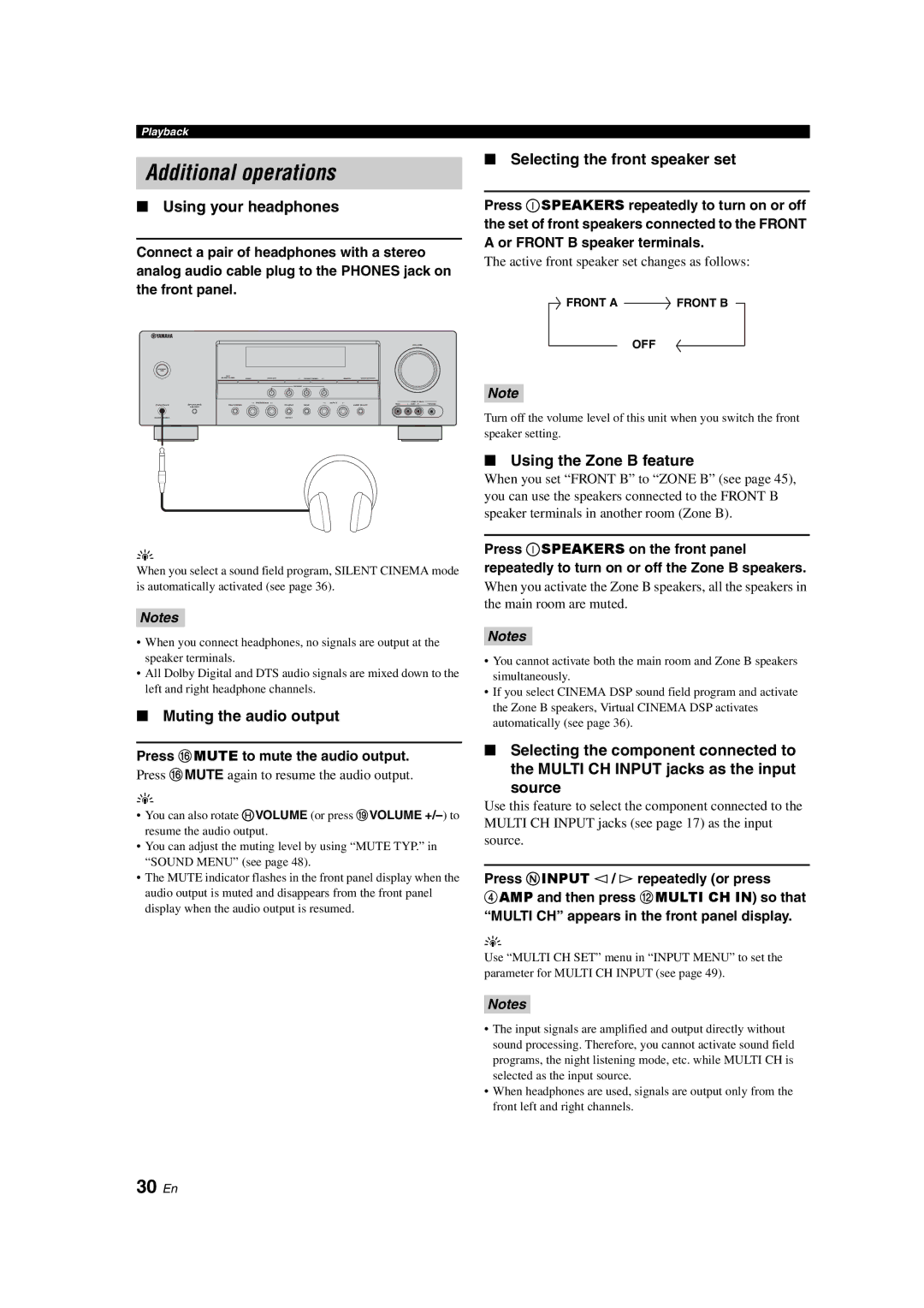 Yamaha HTR-6130 owner manual Additional operations, 30 En 