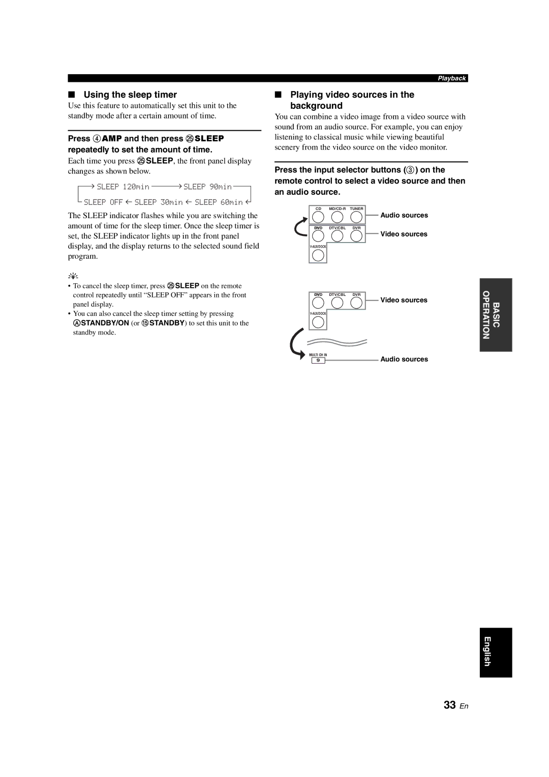 Yamaha HTR-6130 owner manual 33 En, Using the sleep timer, Playing video sources Background, Audio sources, Video sources 