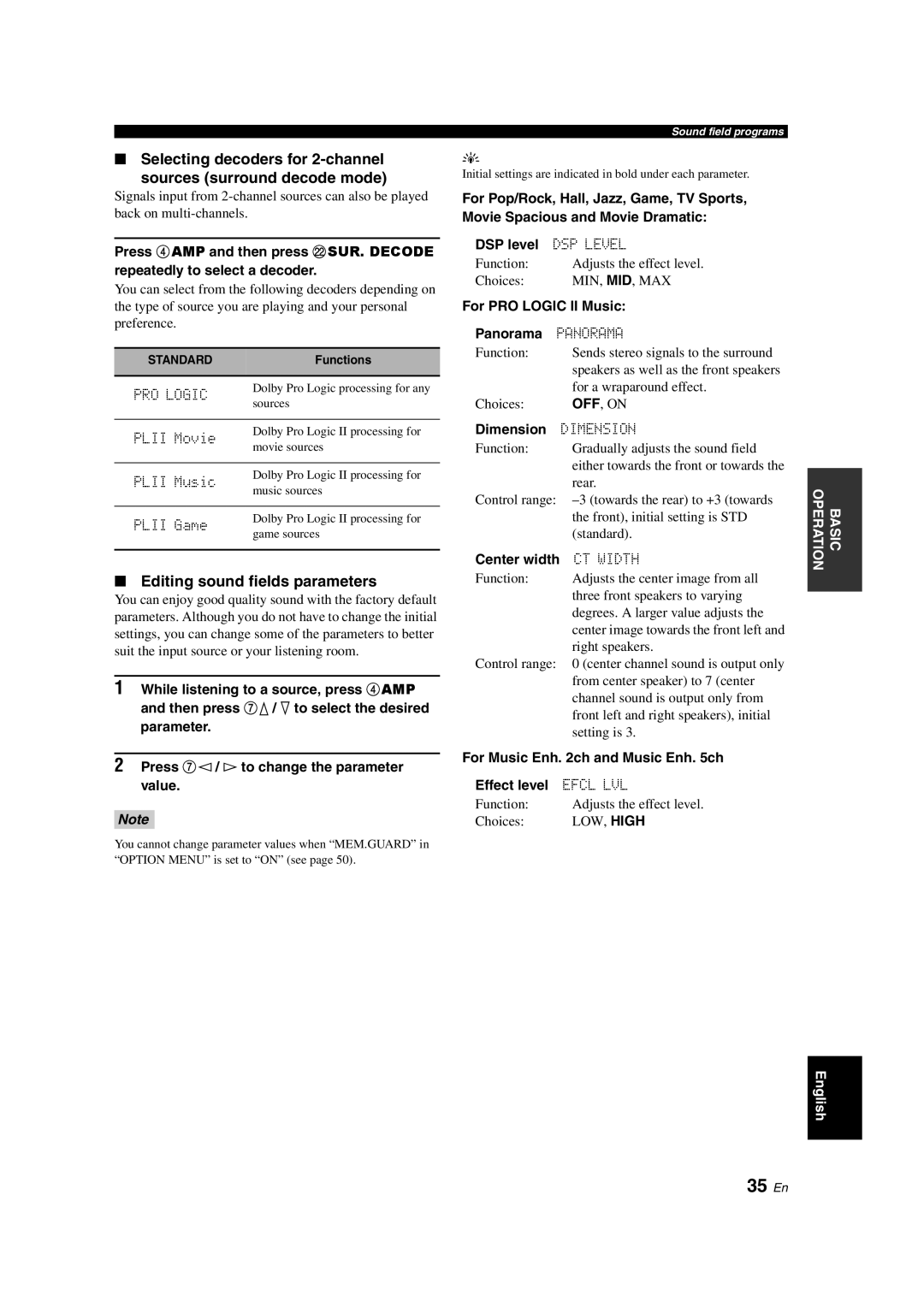 Yamaha HTR-6130 owner manual 35 En, Editing sound fields parameters 