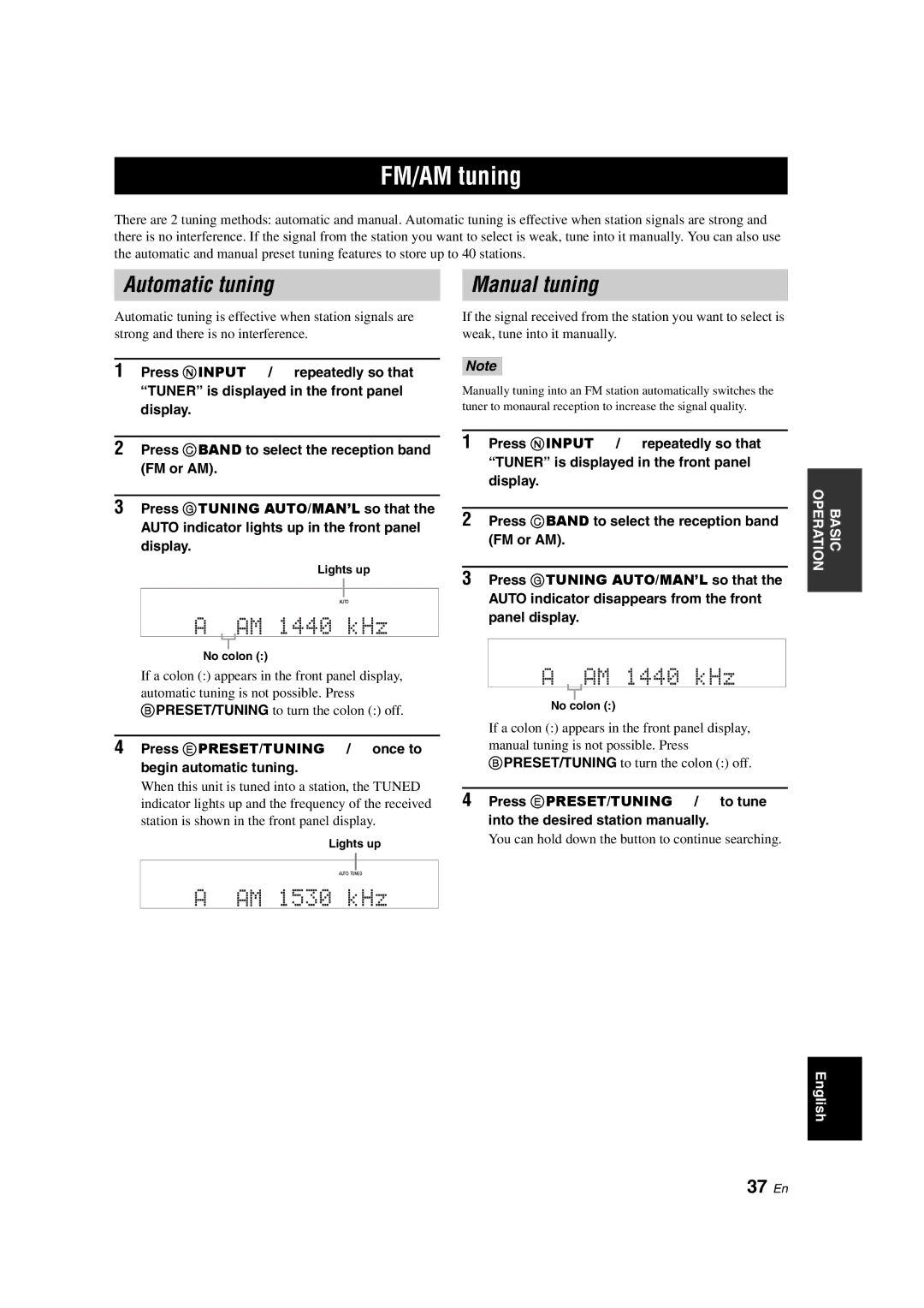 Yamaha HTR-6130 owner manual FM/AM tuning, Automatic tuning, AM 1440 kHz, AM 1530 kHz, Manual tuning 