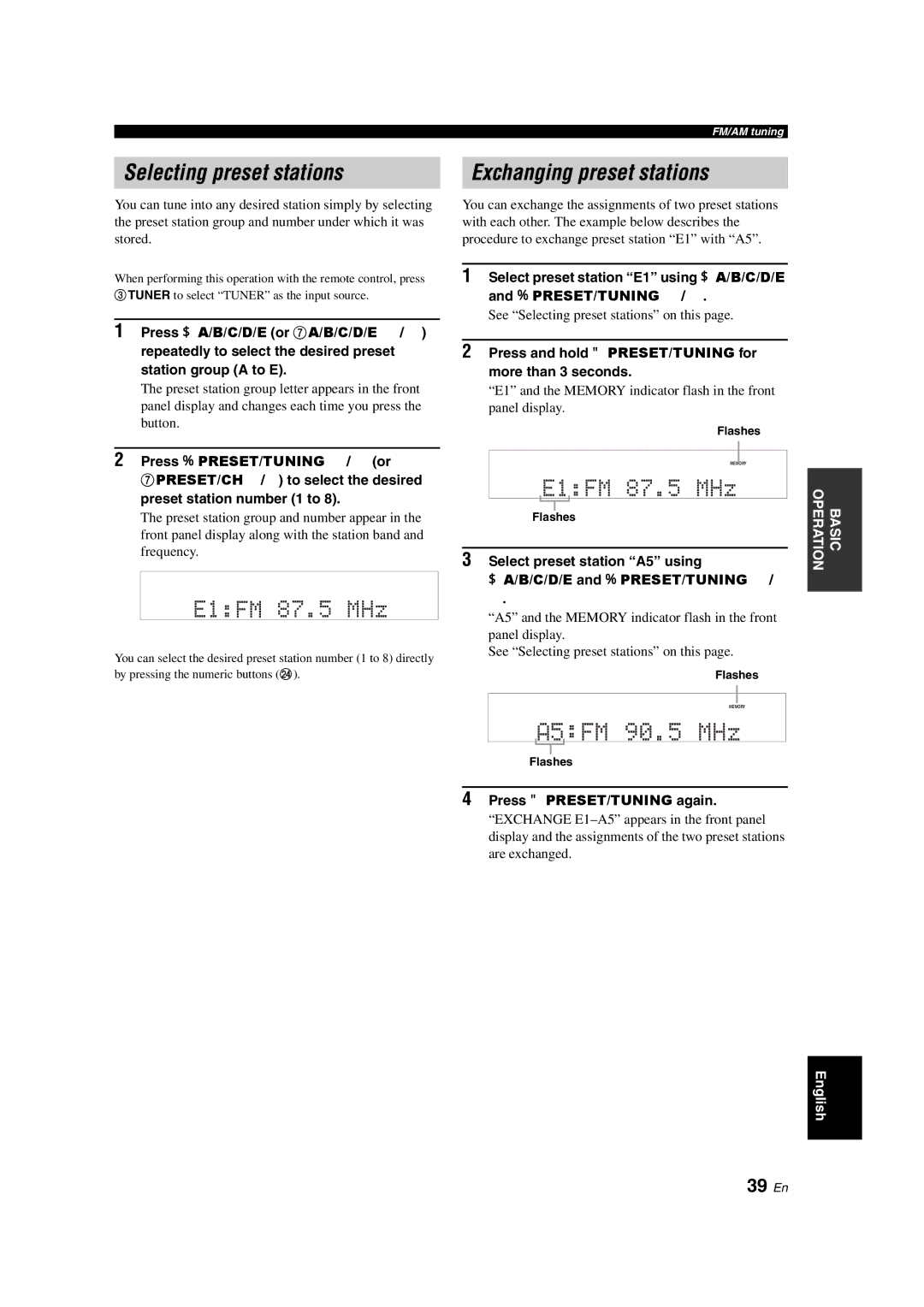 Yamaha HTR-6130 owner manual Selecting preset stations, E1FM 87.5 MHz, Exchanging preset stations, 39 En 