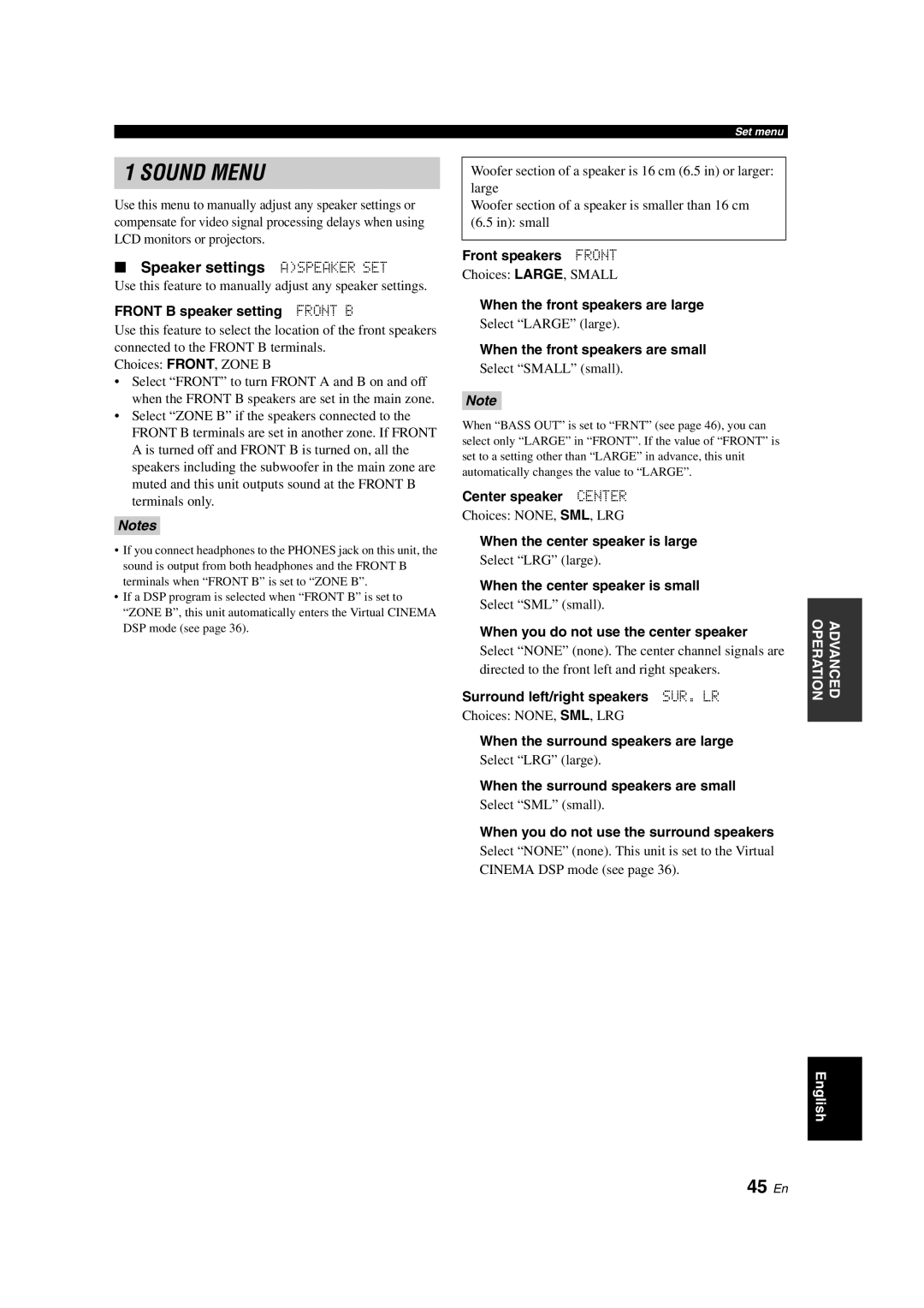 Yamaha HTR-6130 owner manual 45 En, Speaker settings Aspeaker SET 