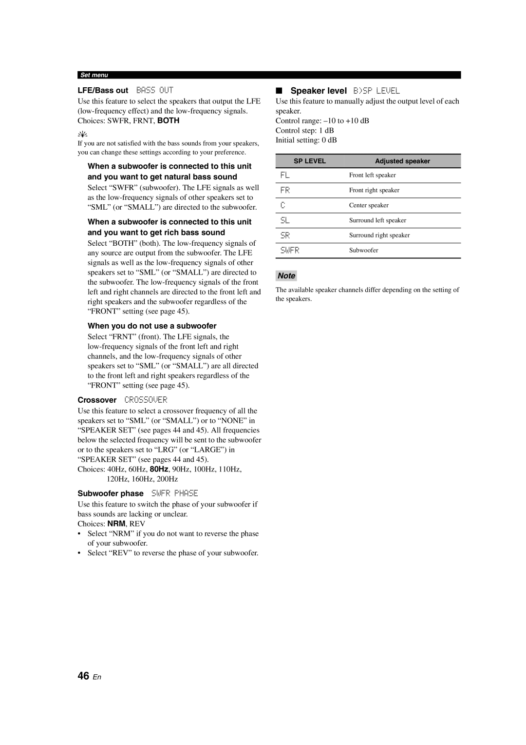 Yamaha HTR-6130 owner manual 46 En, Speaker level BSP Level 