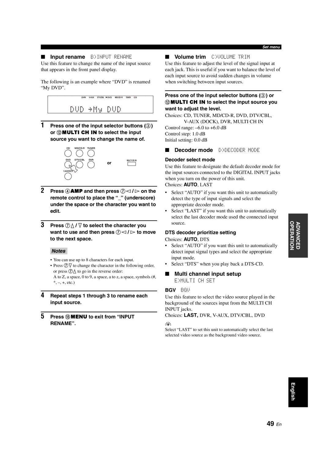 Yamaha HTR-6130 owner manual DVD My DVD, 49 En, Multi channel input setup, Bgv Bgv 
