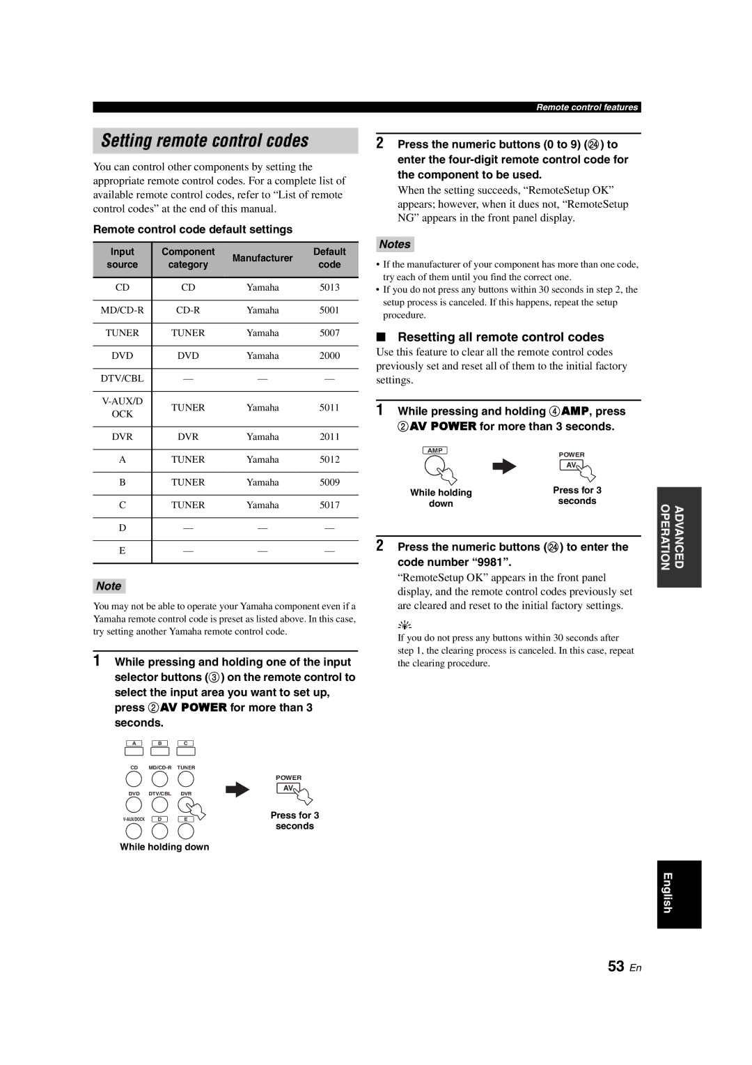 Yamaha HTR-6130 owner manual Setting remote control codes, 53 En, Resetting all remote control codes 