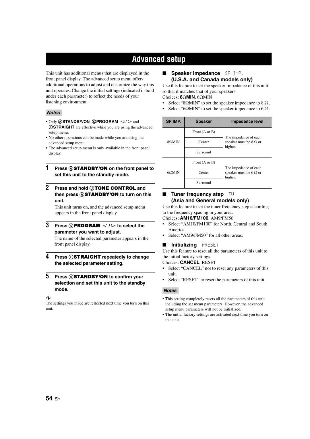 Yamaha HTR-6130 owner manual Advanced setup, 54 En, Speaker impedance SP IMP A. and Canada models only, Initializing Preset 