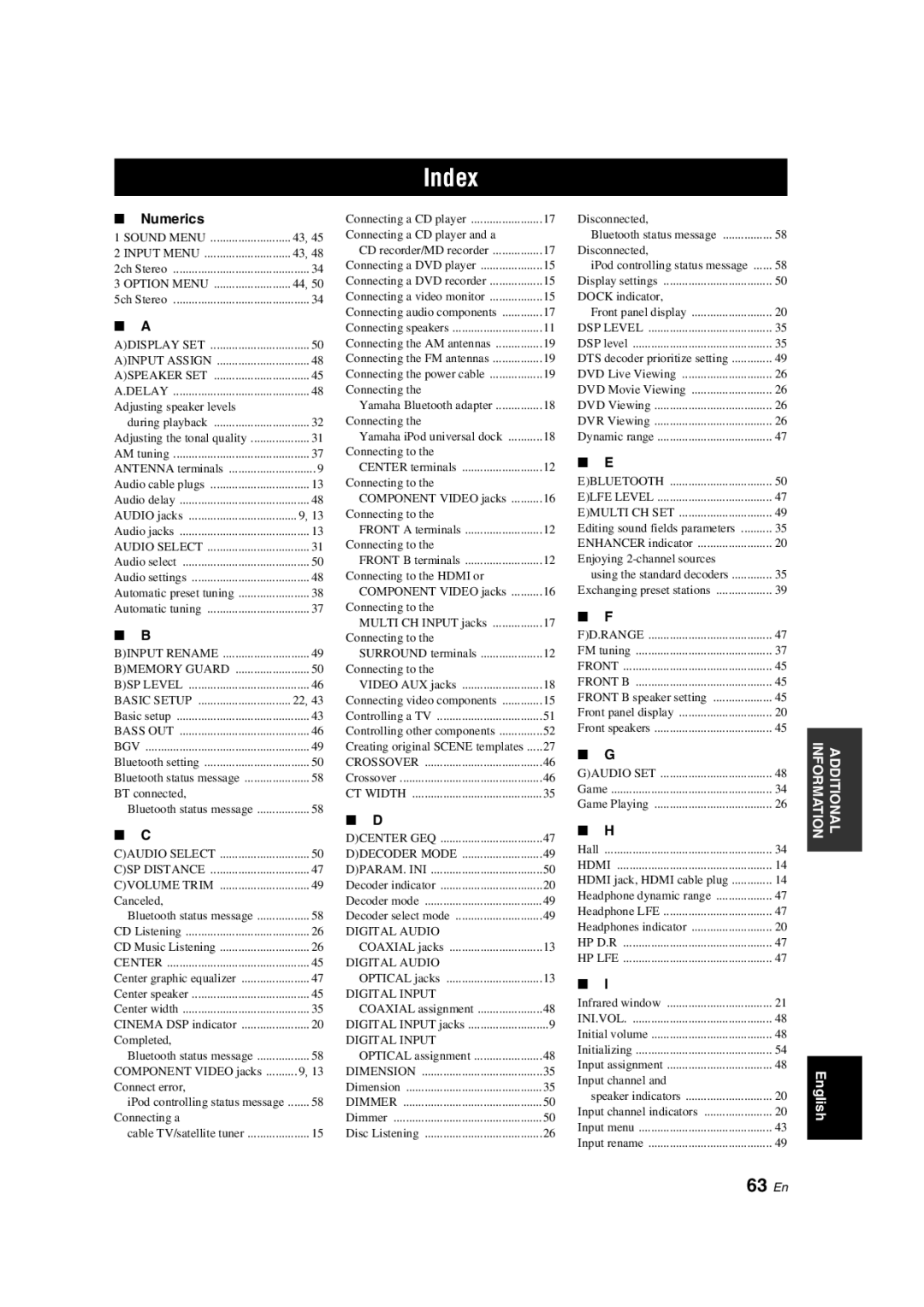 Yamaha HTR-6130 owner manual Index, 63 En, Numerics 