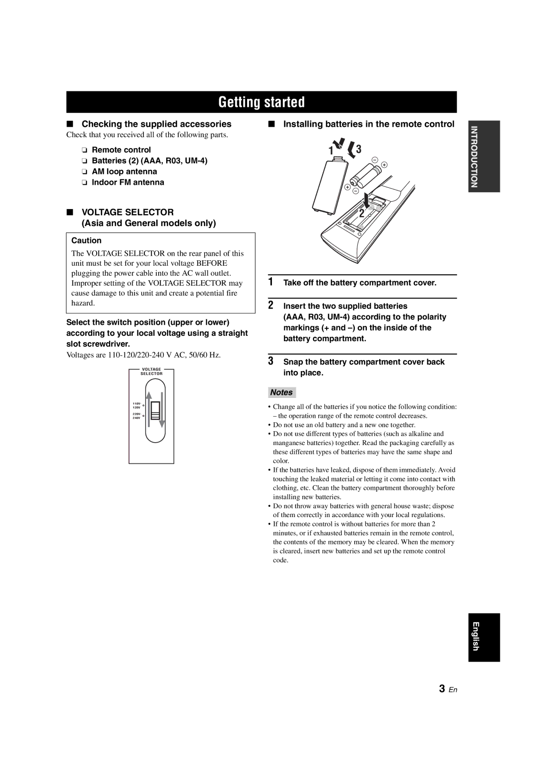 Yamaha HTR-6130 owner manual Getting started, Checking the supplied accessories, Asia and General models only 