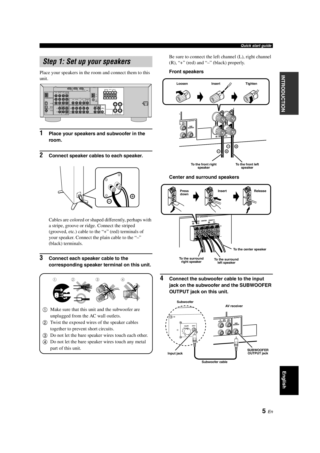 Yamaha HTR-6130 owner manual Front speakers, Center and surround speakers, Connect the subwoofer cable to the input 