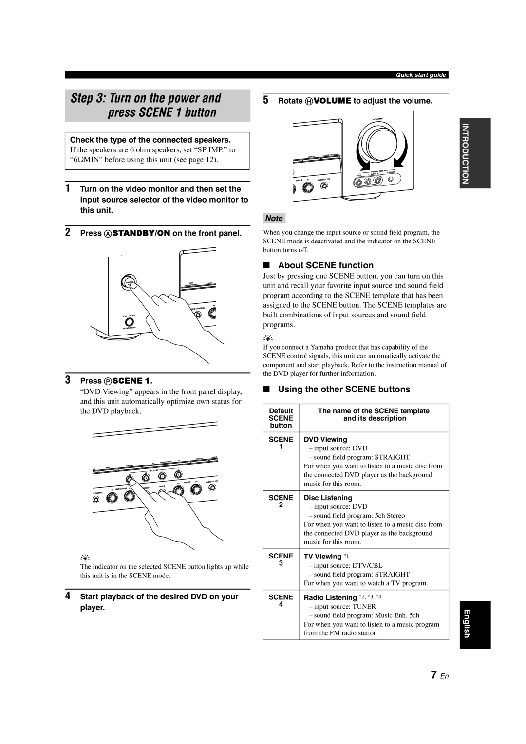 Yamaha HTR-6130 owner manual 7 En, About SCENE function, Using the other SCENE buttons 