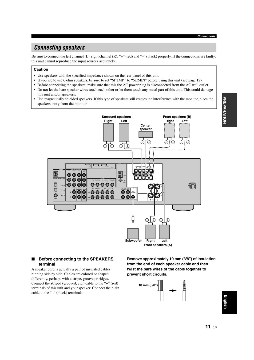 Yamaha HTR-6130 owner manual Connecting speakers, 11 En, Before connecting to the SPEAKERS terminal 