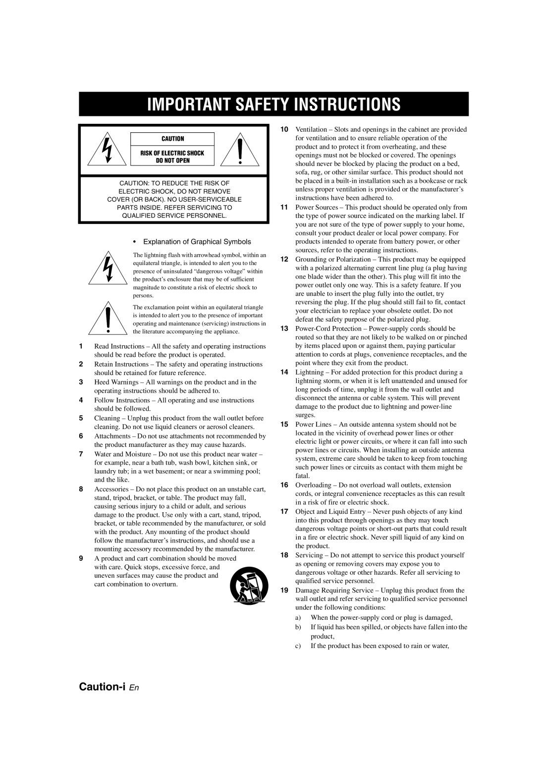 Yamaha HTR-6130 owner manual Important Safety Instructions, Caution-i En 