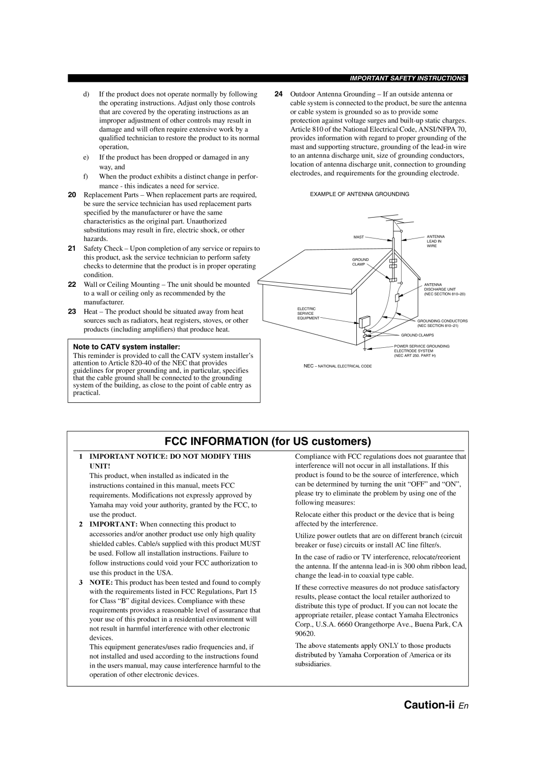 Yamaha HTR-6130 owner manual FCC INFORMATION for US customers, Caution-ii En, Note to CATV system installer 