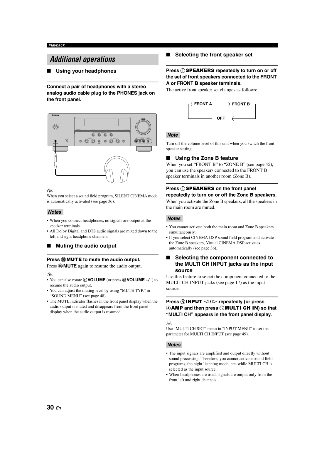 Yamaha HTR-6130 owner manual 30 En, Using your headphones, Muting the audio output, Selecting the front speaker set, source 