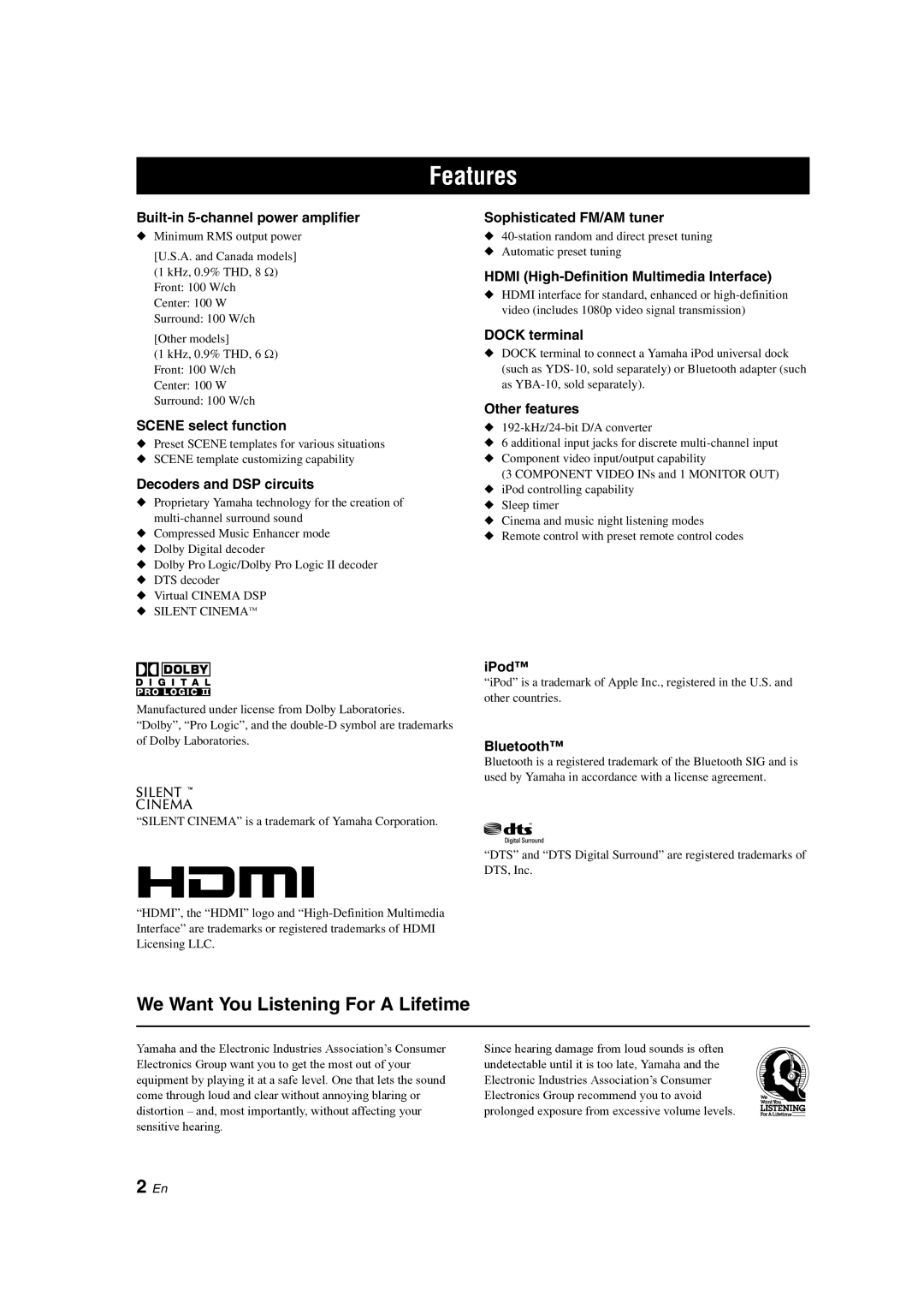Yamaha HTR-6130 owner manual Features, We Want You Listening For A Lifetime, 2 En 