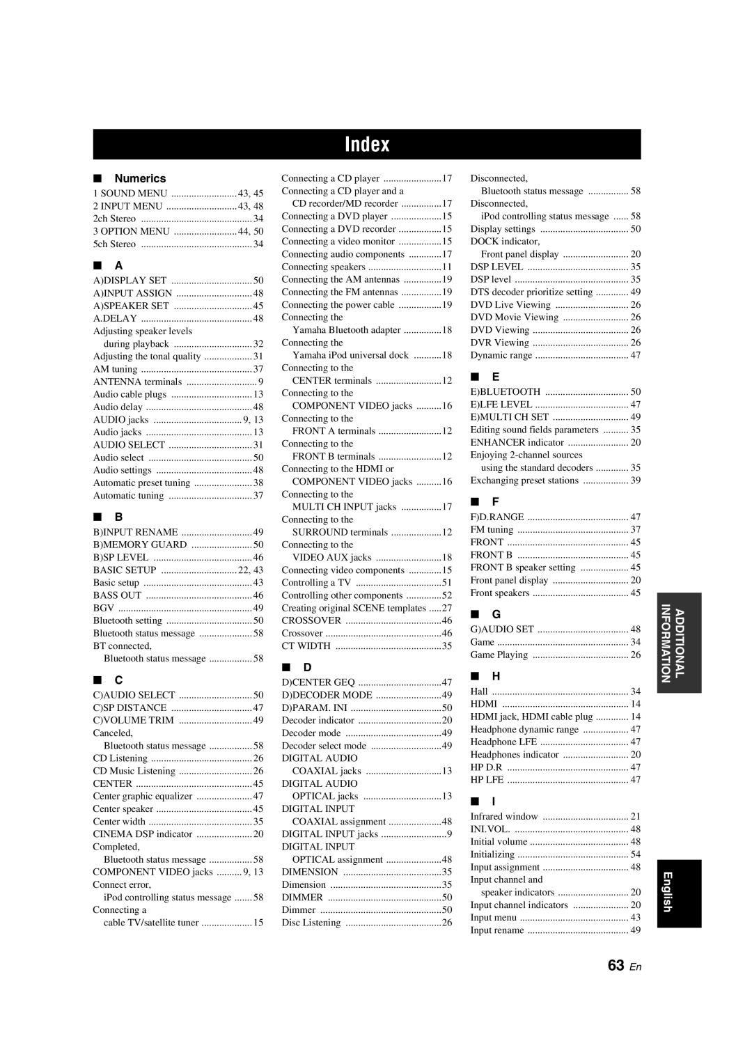 Yamaha HTR-6130 owner manual Index, 63 En 